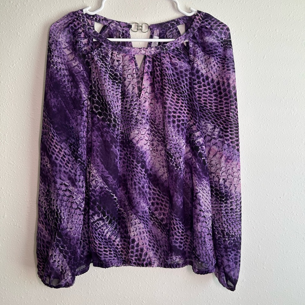 Jennifer Lopez Purple Snake Print Blouse Sz S Keyhole Neck Chiffon Semi-Sheer